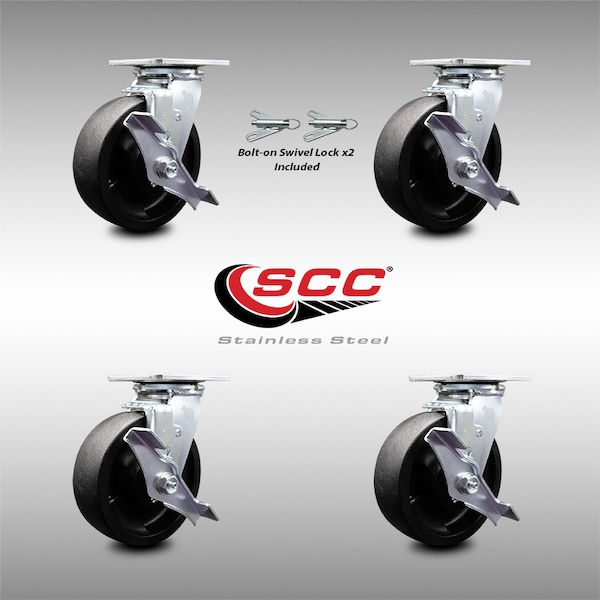 Service Caster 6 Inch SS Glass Filled Nylon Caster Set with Ball Bearings 4 Brake 2 Swivel Lock SCC-SS30S620-GFNB-TLB-BSL-2-TLB-2 - main